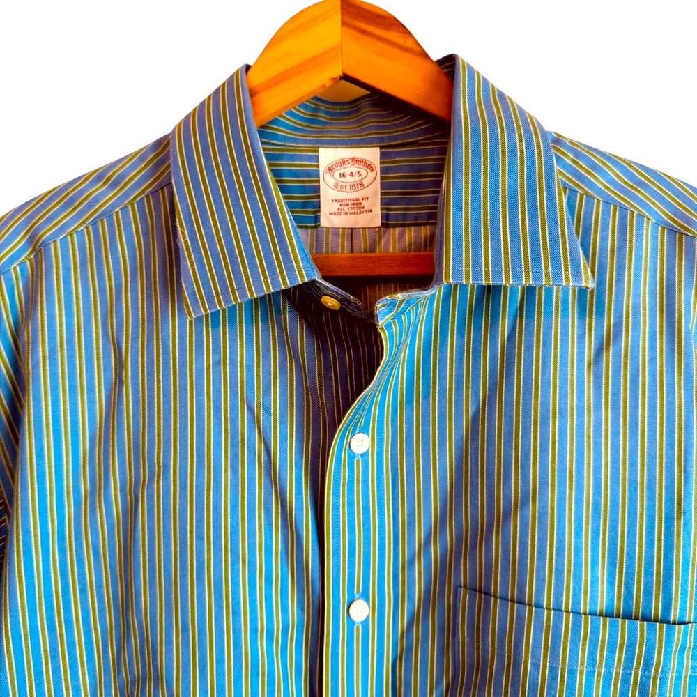 Brooks Brothers Blue Green Stripe Cotton Button Down Dress Men's Shirt sz 16